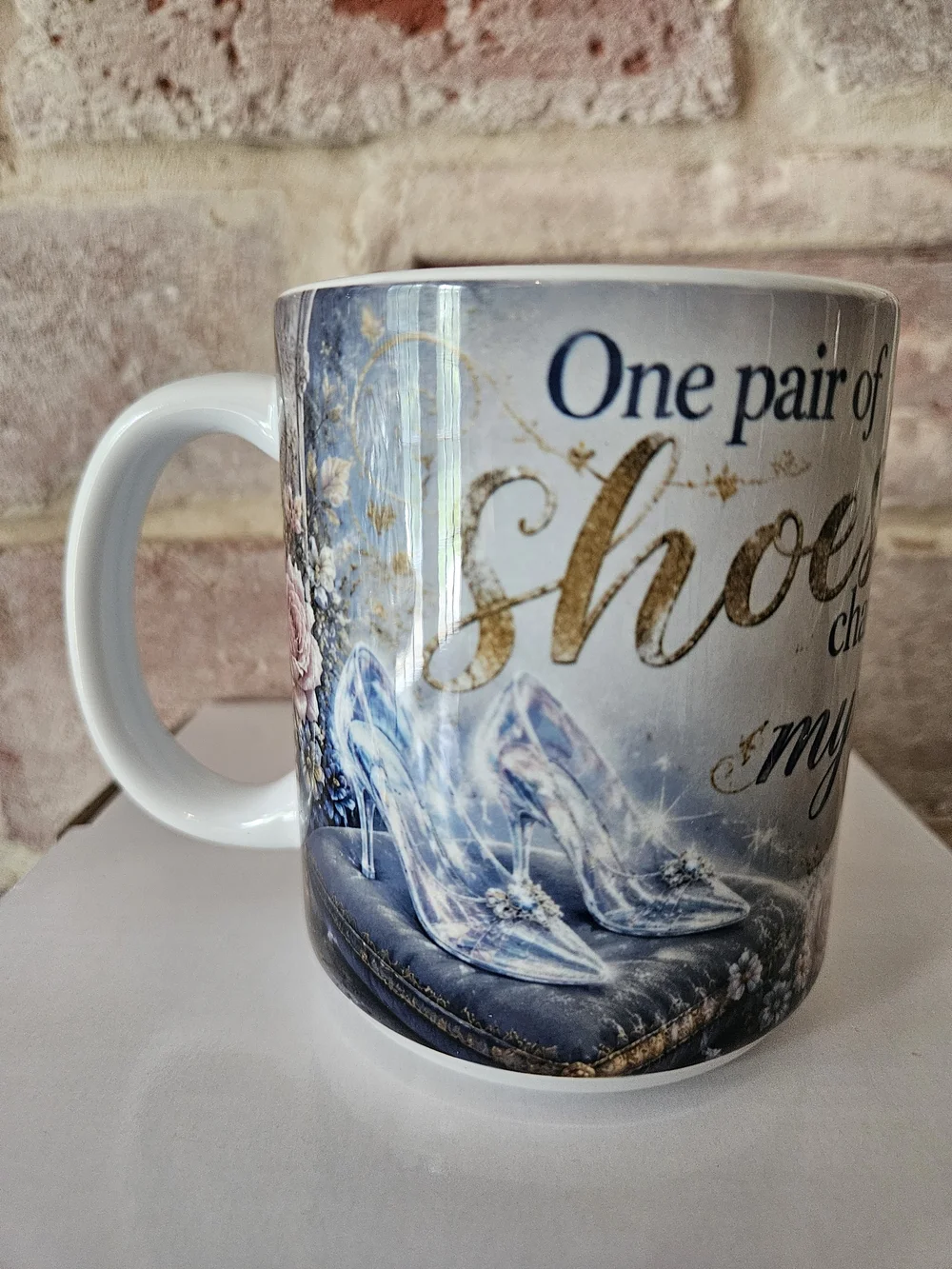 Hand Crafted White and Blue Cinderella Glass Slipper Coffee Mug